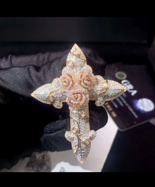 Iced Out 3D Cross Rose Pendant
