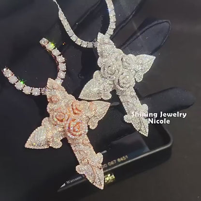 Iced Out 3D Cross Rose Pendant